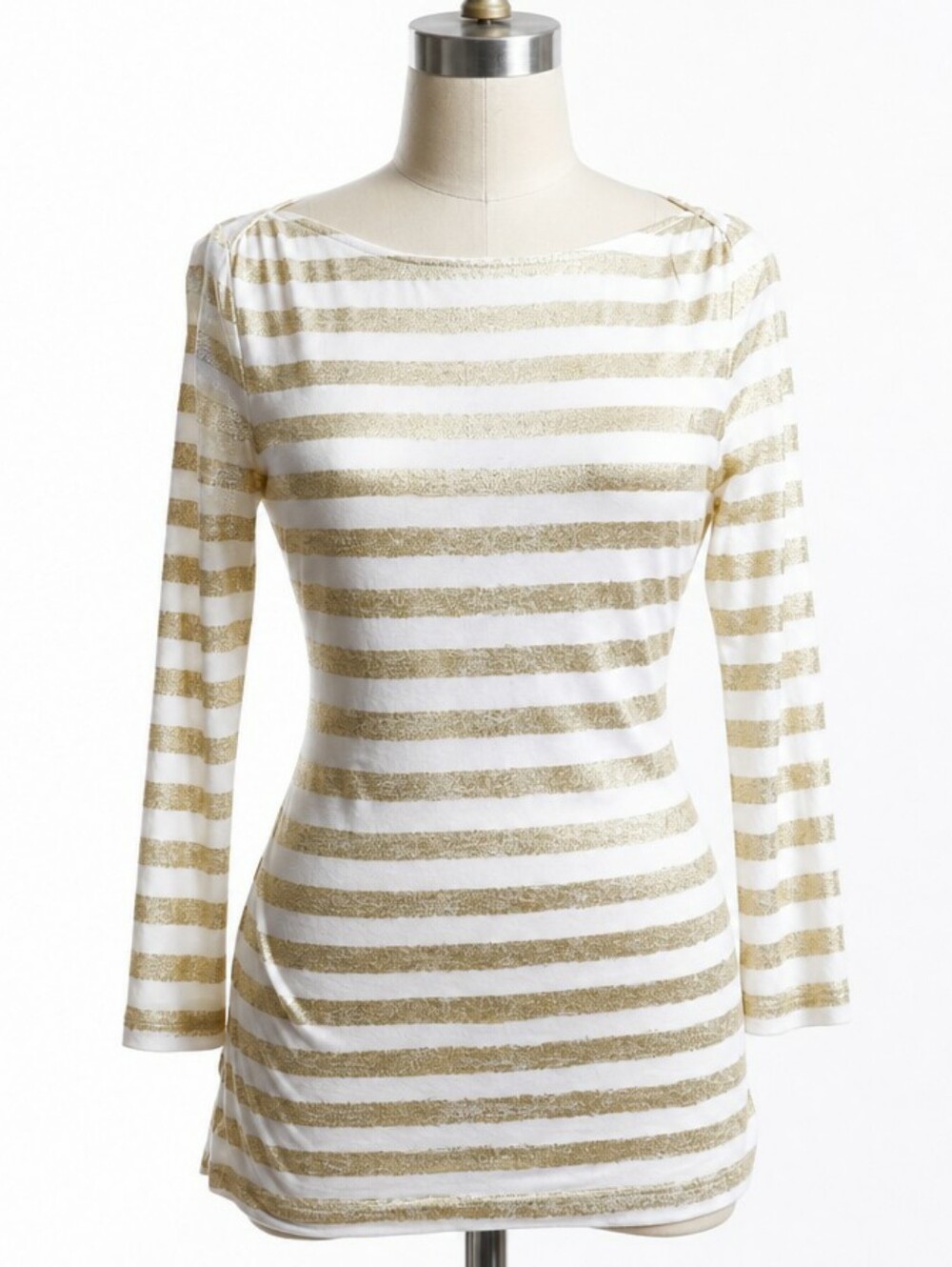 J.Crew Metallic Gold Painterly Stripe Pullover • Long Sleeve Boatneck • Off‑Whit